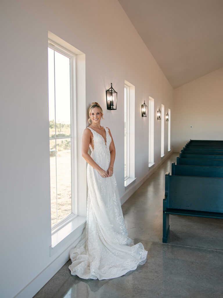 Bridal portrait in indoor chapel at Davis & Grey Farms