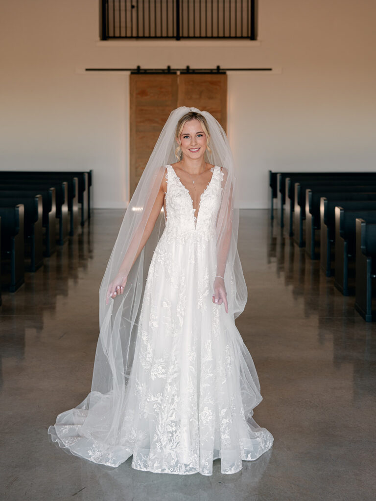 Bridal portrait in indoor chapel at Davis & Grey Farms