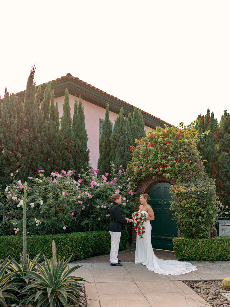 first look on wedding day with bride and bride