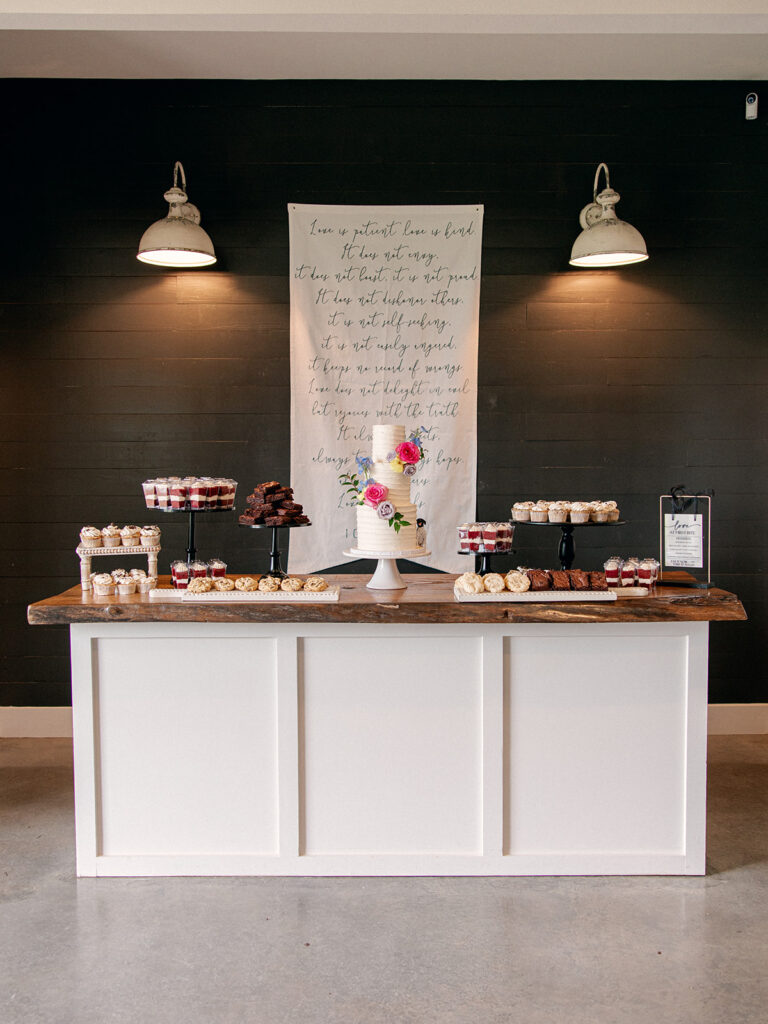 wedding cake and dessert table at davis & grey farms