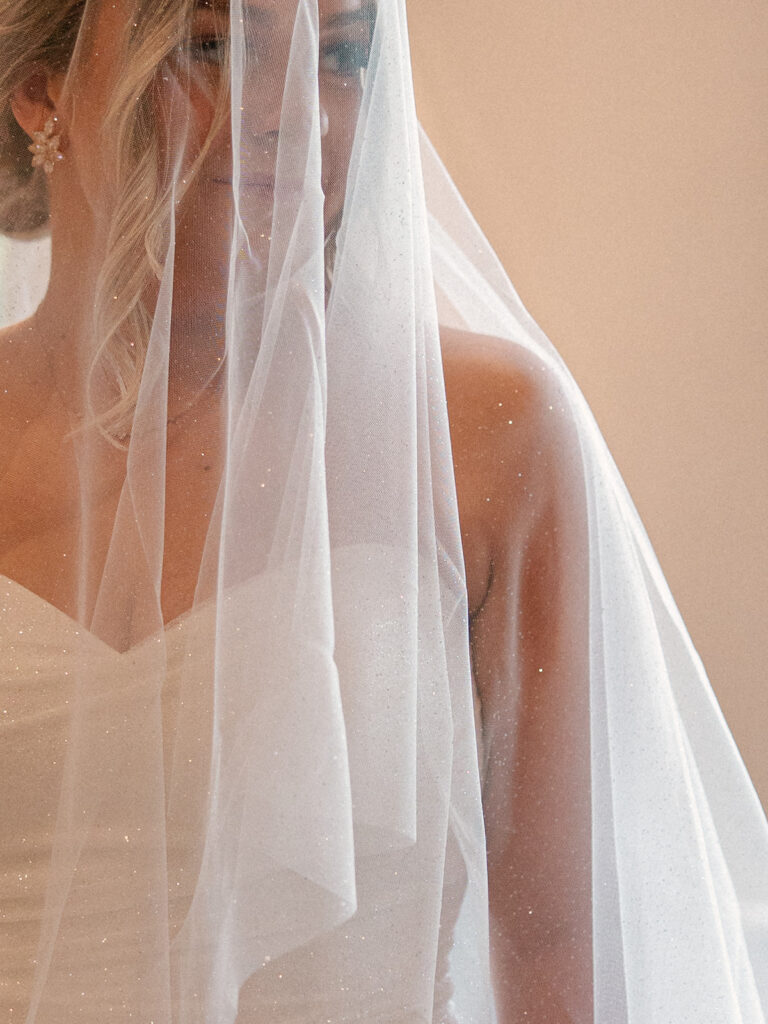 bride under the sparkling blusher veil