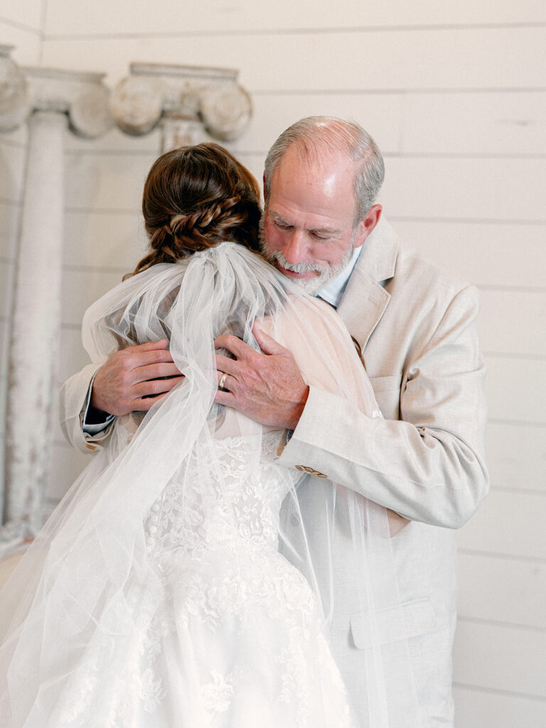Father and Bride first look at the French Farmhouse